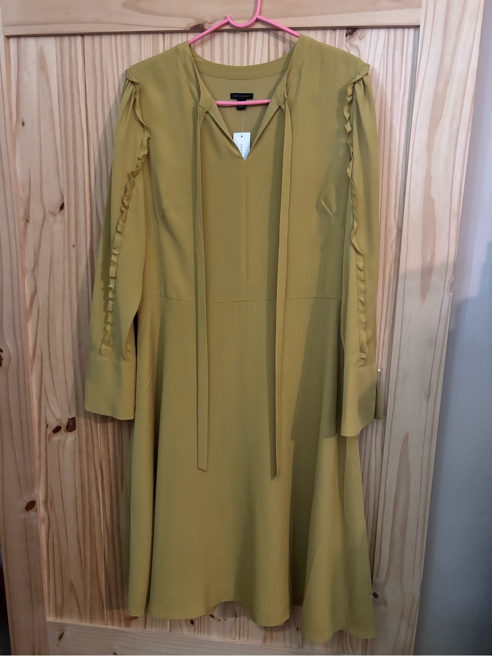 Ann Taylor Olive-Mustard Ruffle-Trim Long Sleeve Midi Dress
